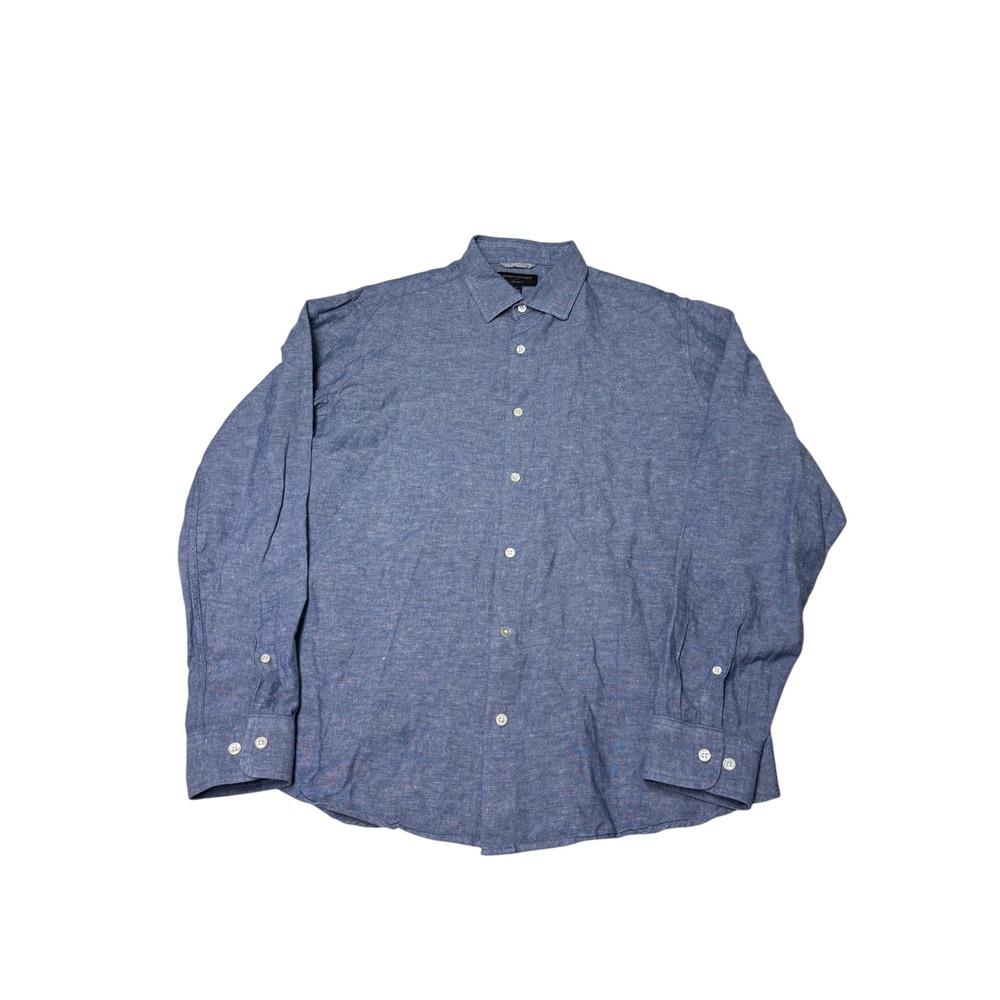 Banana Republic Mens Blue Linen Cotton Slim Fit Button Down Shirt L Long Sleev‎